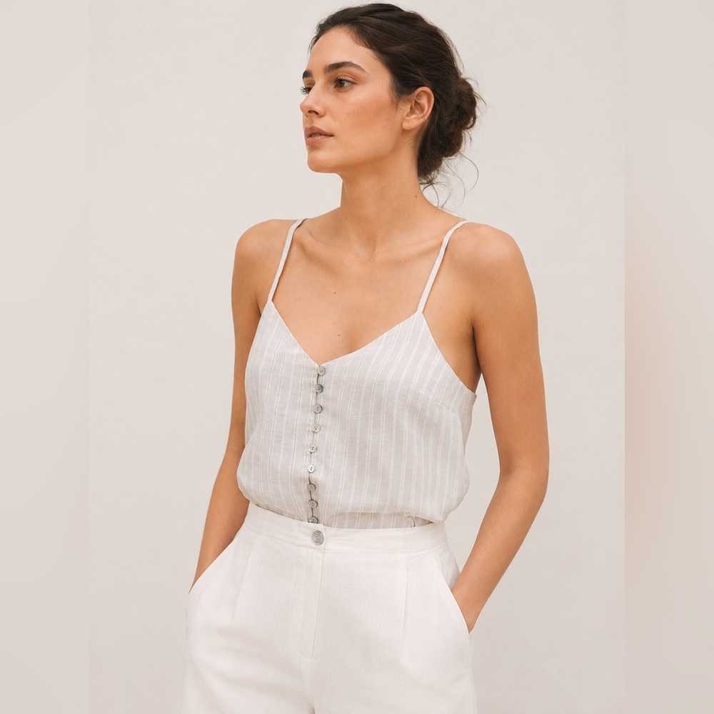 OYSHO - Linen Blend Striped Cami Top | Shell Buttons | Light oatmeal color